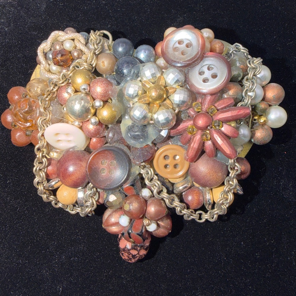 Vtg OOAK Handcrafted Heart Brooch Mixed Media Chain Junk Maximalist Folk Art